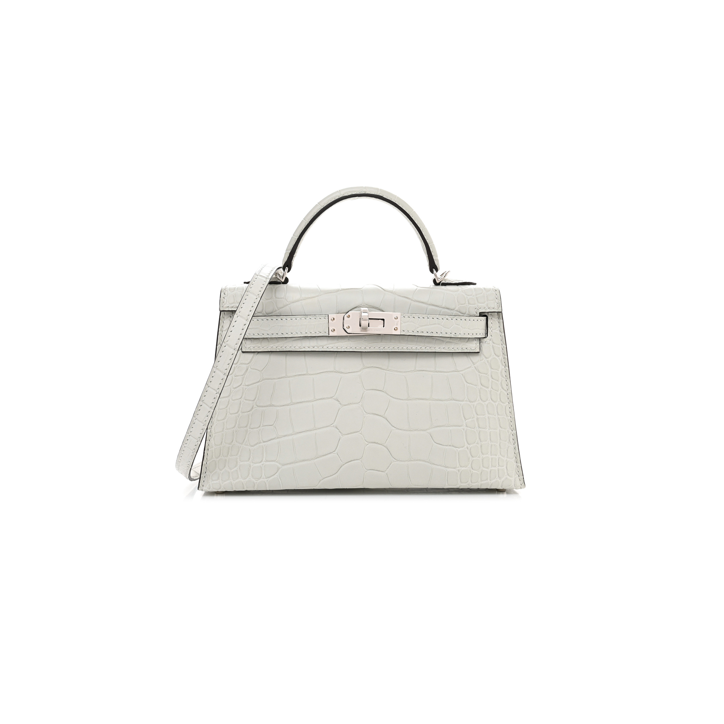 HERMÈS MASTER  MATTE ALLIGATOR MINI KELLY II SELLIER GRIS NEVE (19*12*5.5cm) 